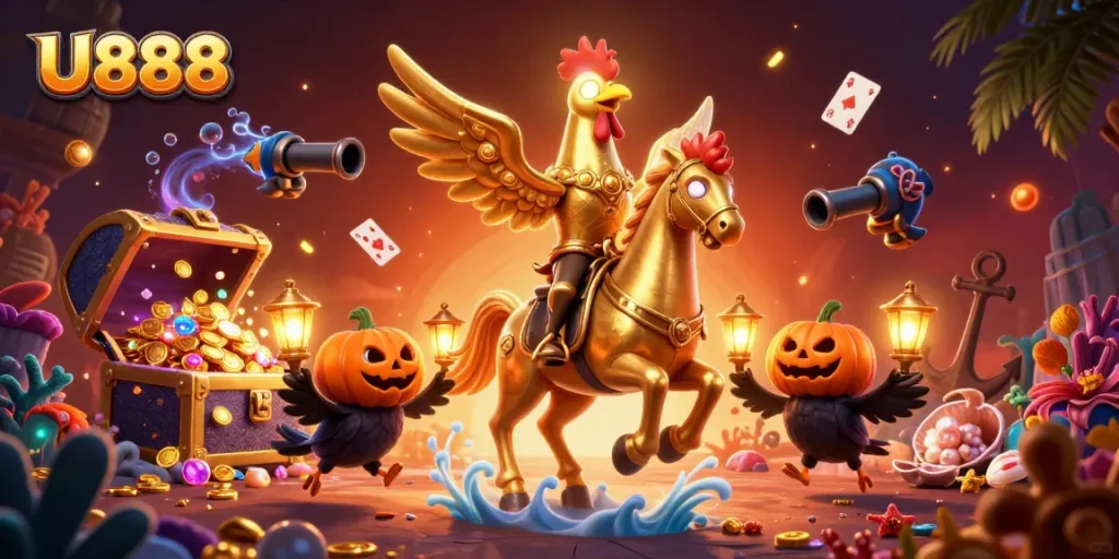 Experience thrilling gaming at U888, featuring golden rooster characters in an enchanting casino setting.