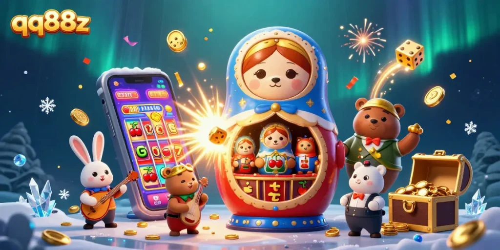 Experience winning moments with qq88z in a vibrant casino-themed 3D illustration, showcasing dynamic gaming elements.