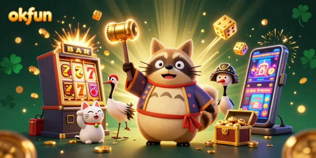 Experience the excitement of okfun with a vibrant 3D illustration of a cheerful tanuki, lucky symbols, and dynamic casino game elements.