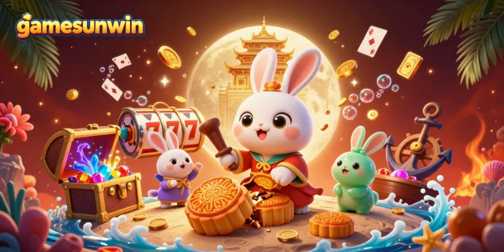 Gamesunwin showcases a lucky rabbit winning jackpots among vibrant casino graphics.