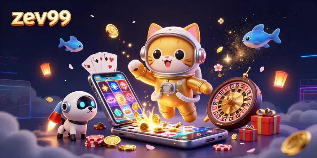 Win big at zev99 with vibrant 3D casino characters exploring exciting games and treasures.