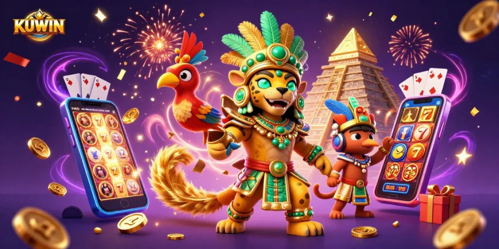 Spin exciting KUWIN slot games with vibrant characters and vivid celebratory elements.