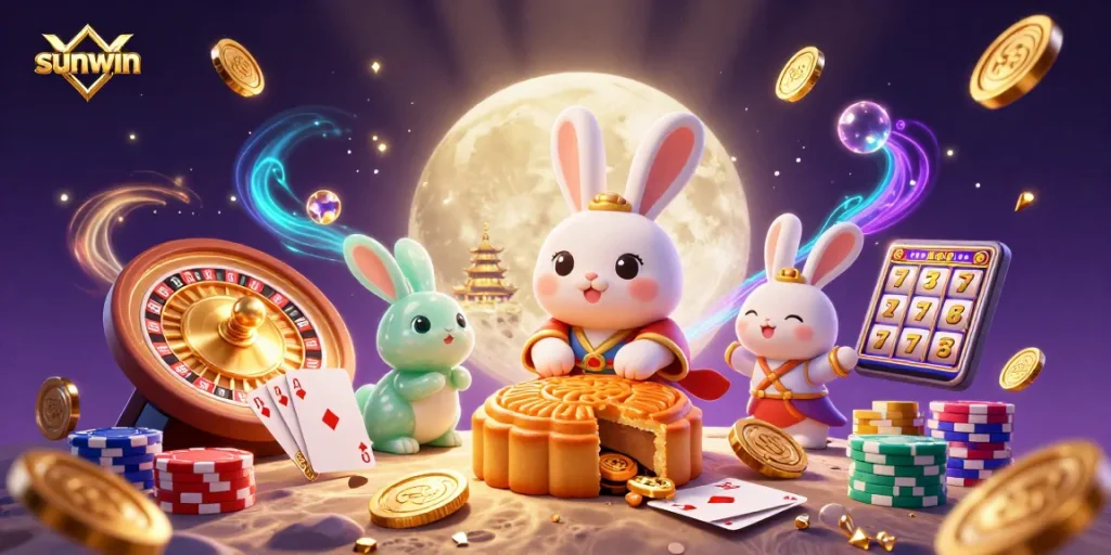Experience thrilling gameplay with sunwin featuring 3D cartoon moon rabbit and vibrant casino elements.