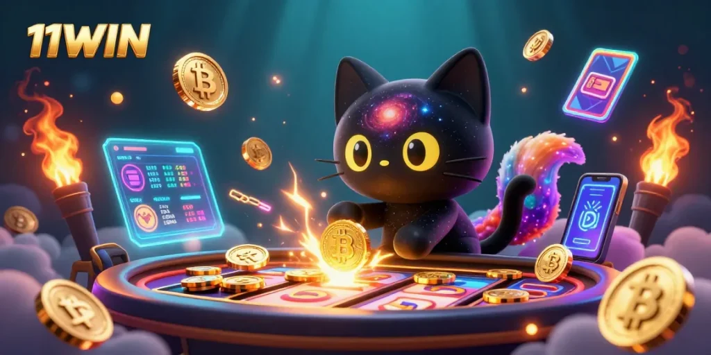 Experience the magic of 11WIN as the black hole cat draws in golden slots, crypto coins, and vibrant colors.