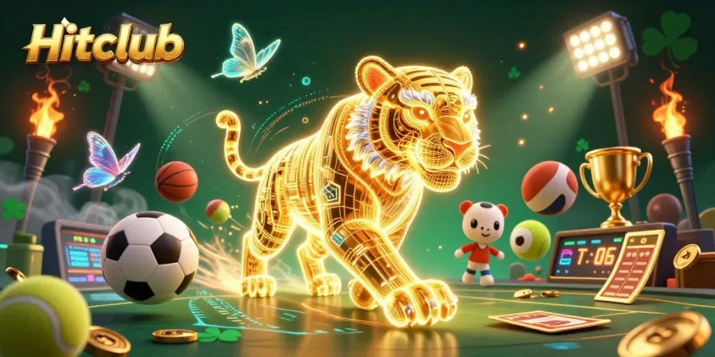 Hitclub players enjoy exciting games amidst golden sports elements in a neon-lit casino.