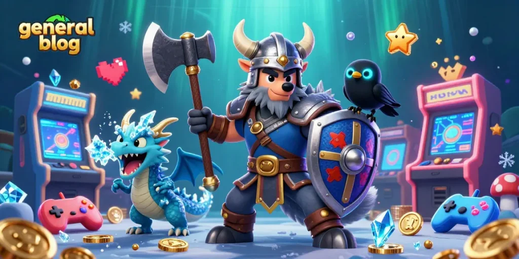 Engage with the exciting general blog featuring a Viking wolf warrior, dragon, and vibrant casino elements.