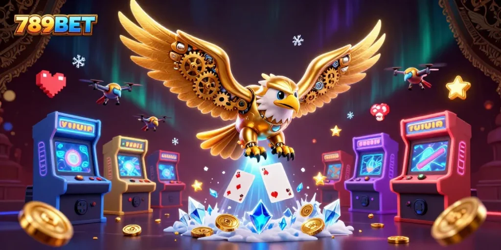 Engage with 789BET's vibrant gaming scene featuring a dynamic golden eagle and exciting casino elements.