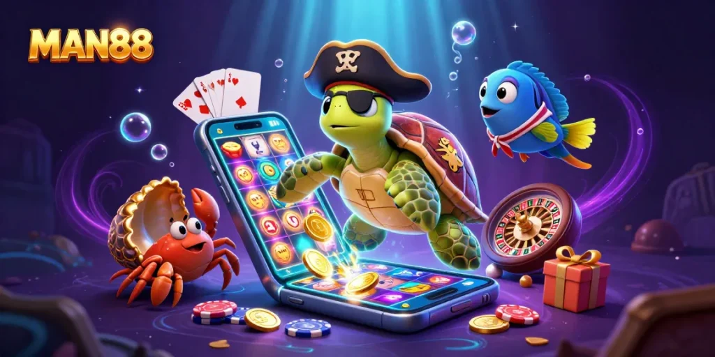 MAN88 engages players with an exciting underwater casino adventure featuring a pirate turtle.