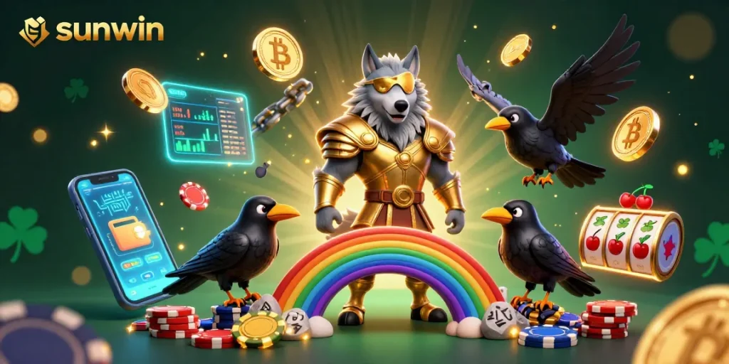 Experience thrilling slots wins with sunwin amidst vibrant 3D Norse characters and casino elements.