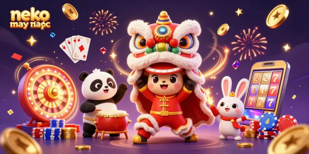 Experience the thrills of neko may mắn slot game with festive lion dance characters and engaging casino elements.