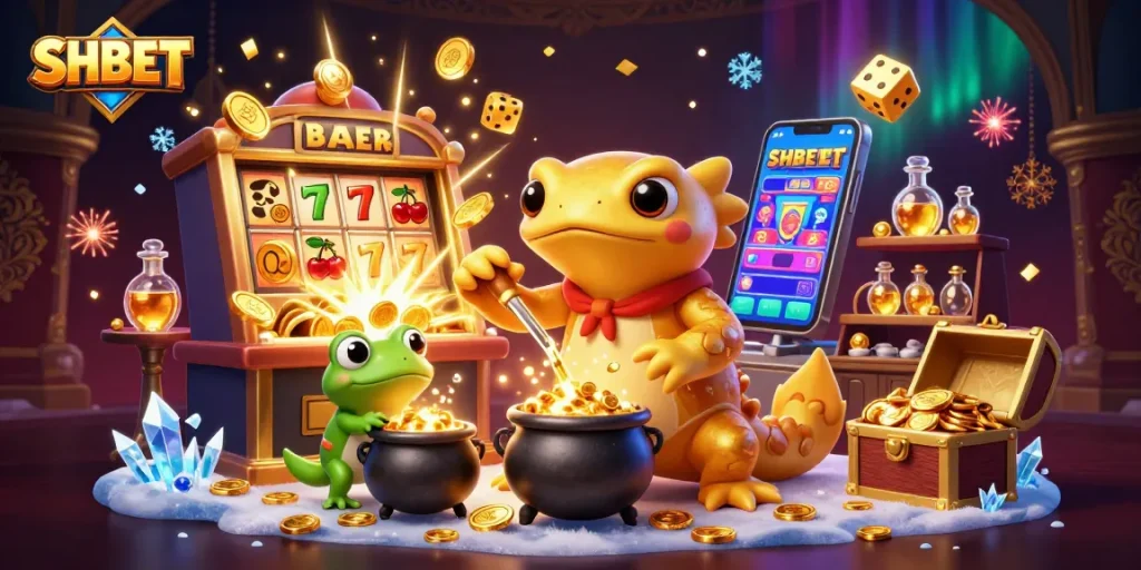 Spin the SHBET slots and unleash golden treasure in this vibrant casino scene.