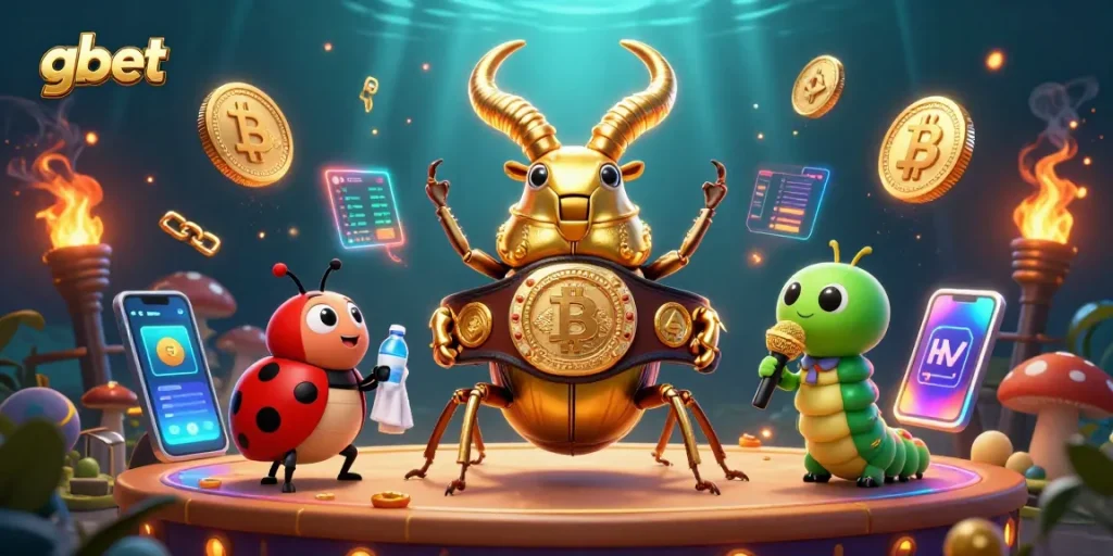 Experience thrilling gbet gaming with vibrant characters and crypto elements in this elaborate 3D illustration.