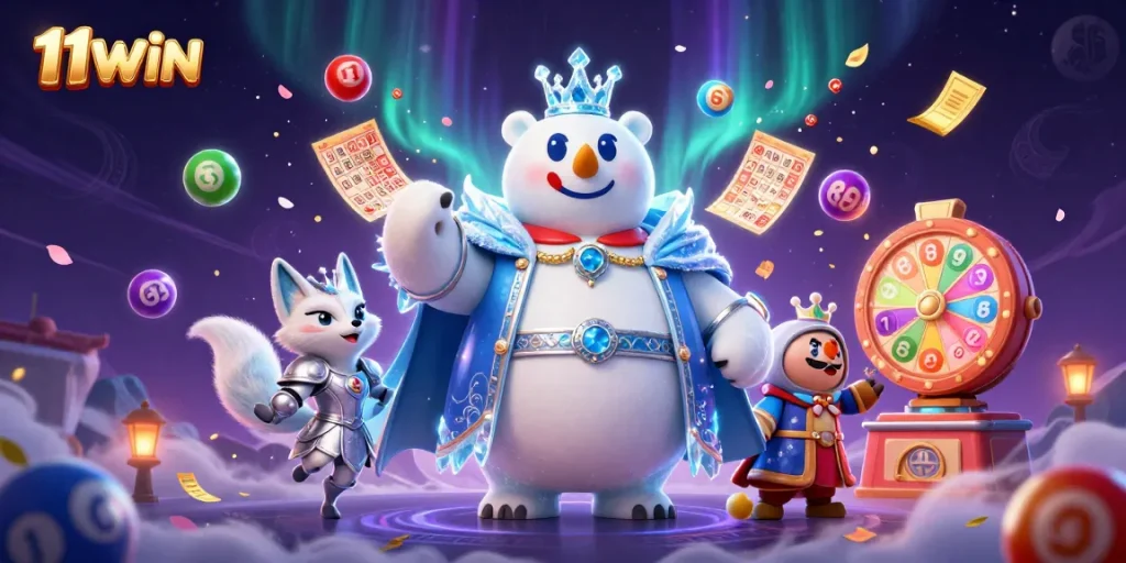 Engage with 11WIN's thrilling lottery experience featuring playful characters and vibrant game elements.