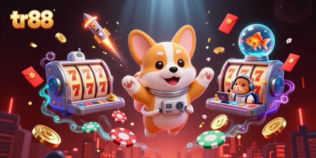 Tr88 casino fun unfolds with a cartoon astronaut corgi, mission-control hamster, and a goldfish enjoying the adventure.