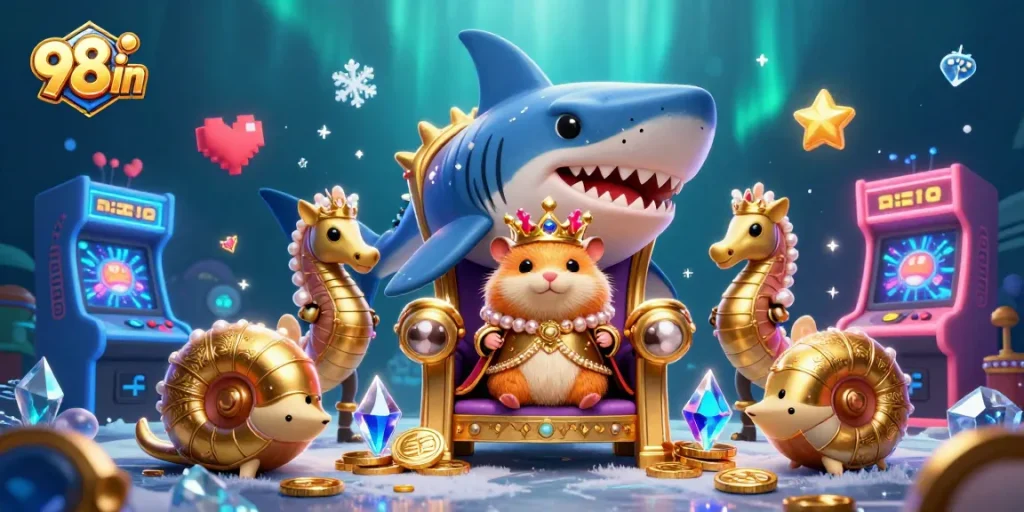 Experience the vibrant world of 98win online casino with a golden hamster king amidst gaming action.