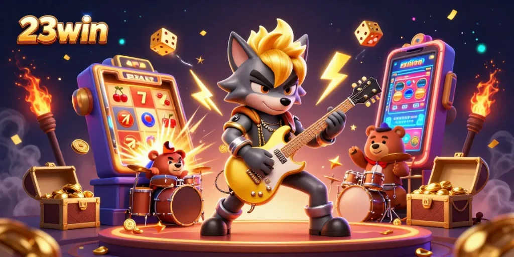 Experience the excitement of 23win's casino with this vibrant scene featuring dynamic characters and game elements.
