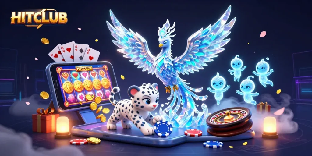 Experience HITCLUB's thrilling games with vibrant visuals of an ice phoenix and playful snow leopard.