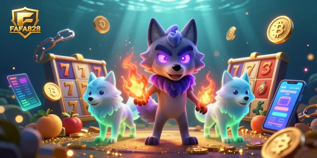 Engage with FAFA828's vibrant 3D casino world showcasing slot games with wolves and crypto elements.