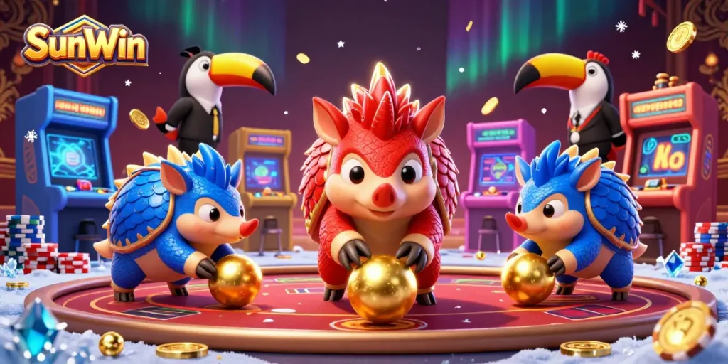 Engage in thrilling gameplay with SunWin as pangolins compete in a vibrant casino scene.