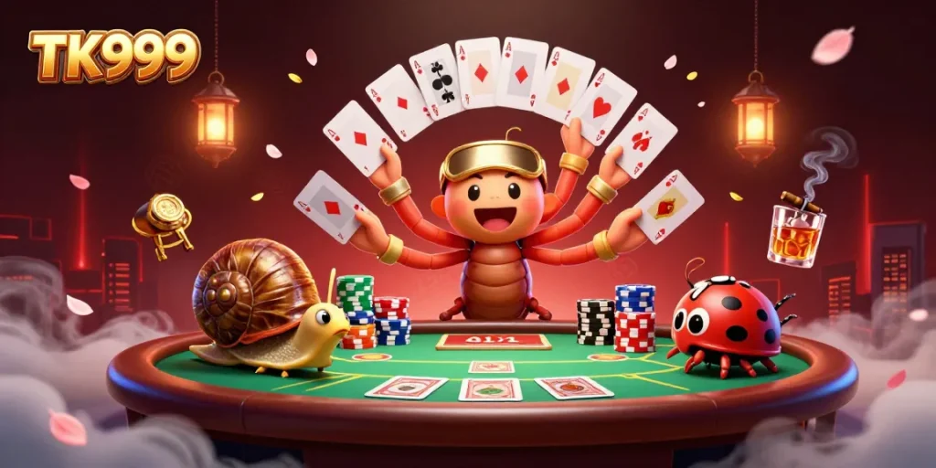 Engage in thrilling gameplay at TK999 with a vibrant poker scene featuring a dealer and players immersed in action.