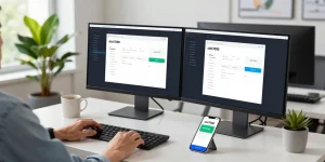 Mobile app developer working on slot7000 interface in a bright and modern workspace.