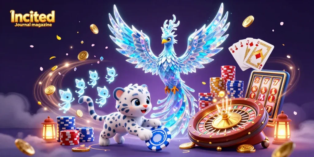 Strike it rich with the Incited Journal magazine's captivating casino-themed illustration showcasing an ice phoenix and poker elements.