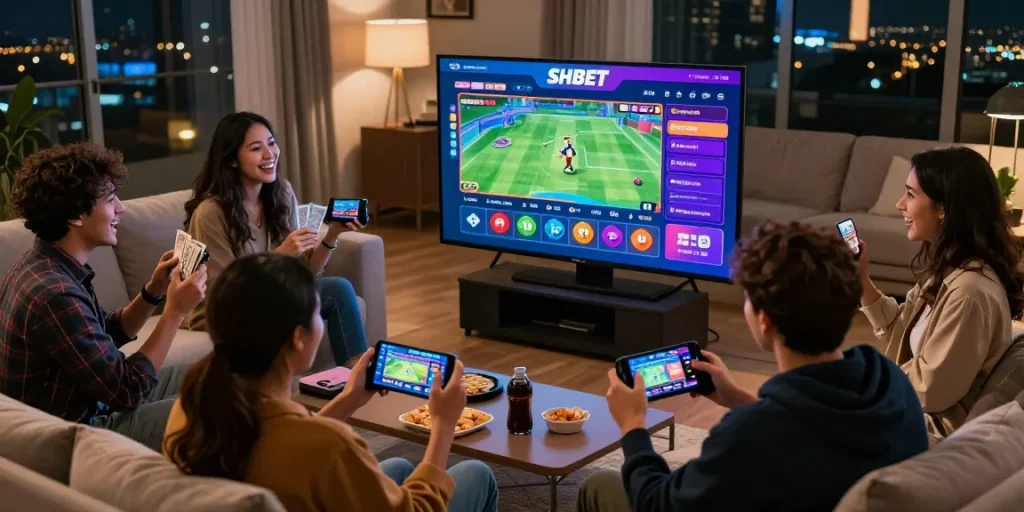 Friends enjoying SHBET gaming platform together, showcasing excitement and social interaction.