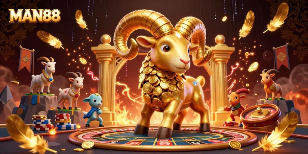 Experience MAN88's thrilling live casino action with exemplary 3D illustration of golden ram and gaming ambiance.
