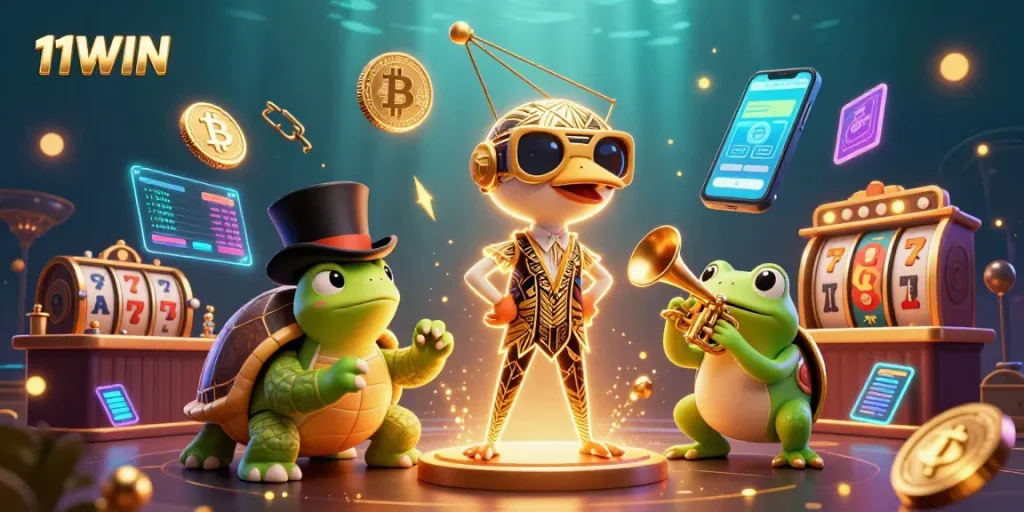 Spin big wins with 11WIN's animated casino scene filled with vibrant characters and casino elements