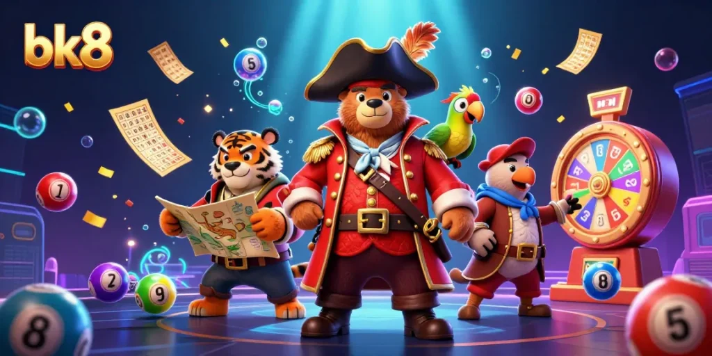 Win big with bk8 in a vibrant 3D scene featuring colorful lottery elements and engaging characters.