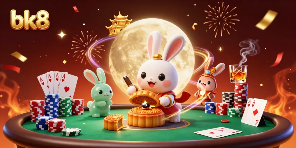 Engage with bk8's vibrant casino world, featuring a moon rabbit in a lively poker scene.