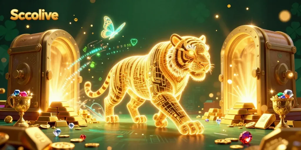 Socolive offers an electrifying experience with a neon golden tiger amid shimmering treasure and vibrant casino lights.