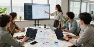 Build internal tools with AI in a collaborative workspace, showcasing diverse professionals engaged in software development.