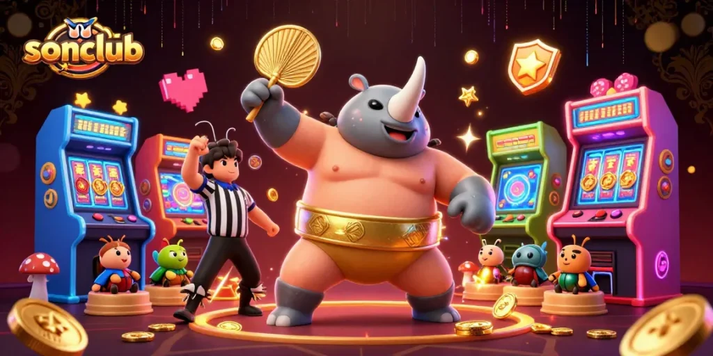 The sonclub environment illustrates vibrant gaming with a rhinoceros beetle champion in action, showcasing an exciting arcade with gold coins and dynamic elements.