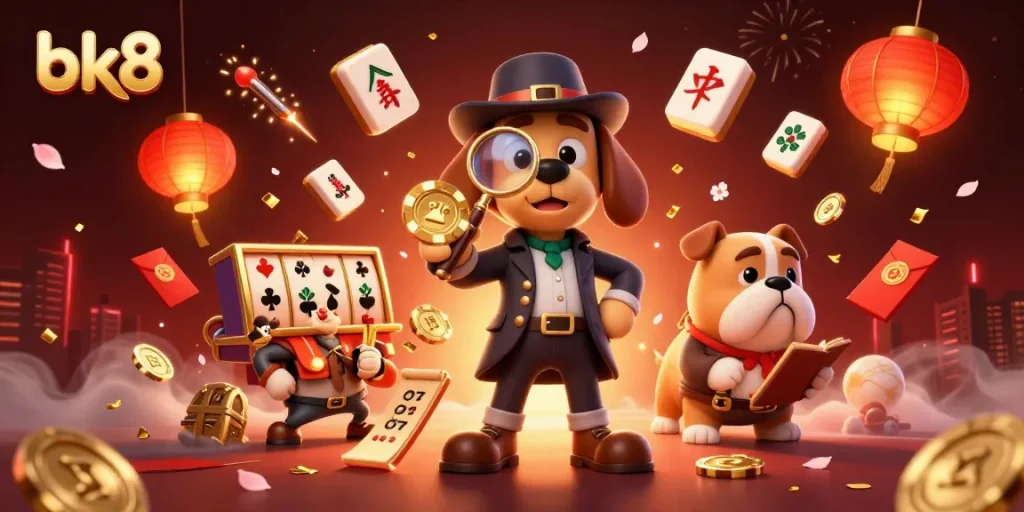 Win big at bk8 with a thrilling casino illustration featuring a detective uncovering hidden treasures.