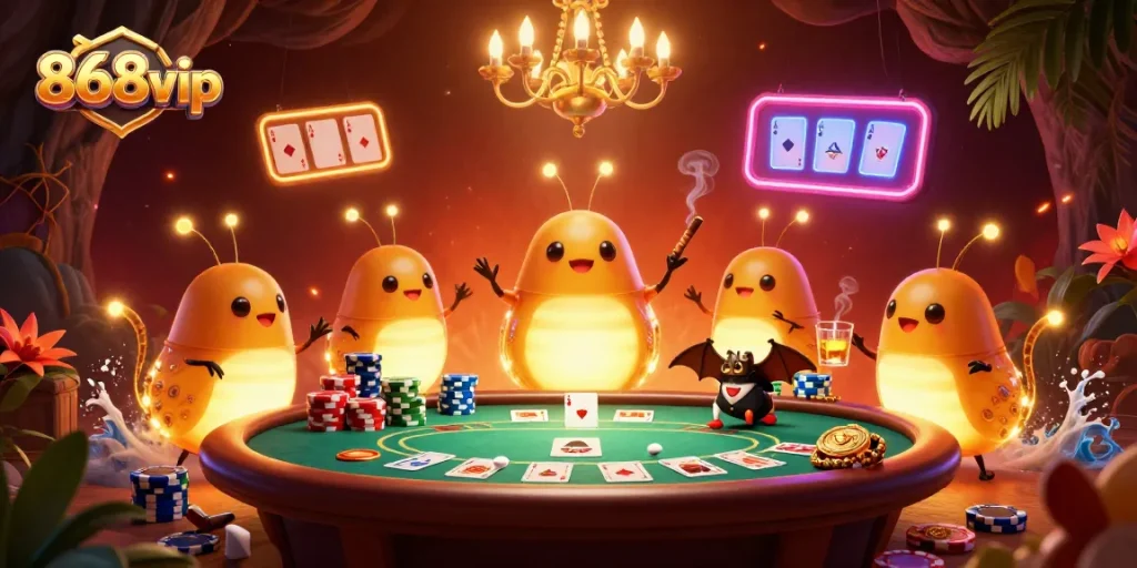 Experience thrilling poker action at 868vip with glowworms lighting the way in this vibrant casino scene.