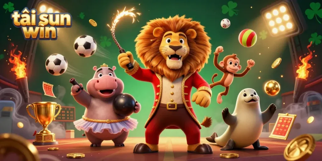 Engage in thrilling gameplay with tải sun win, featuring a lion ringmaster and dynamic sports elements.