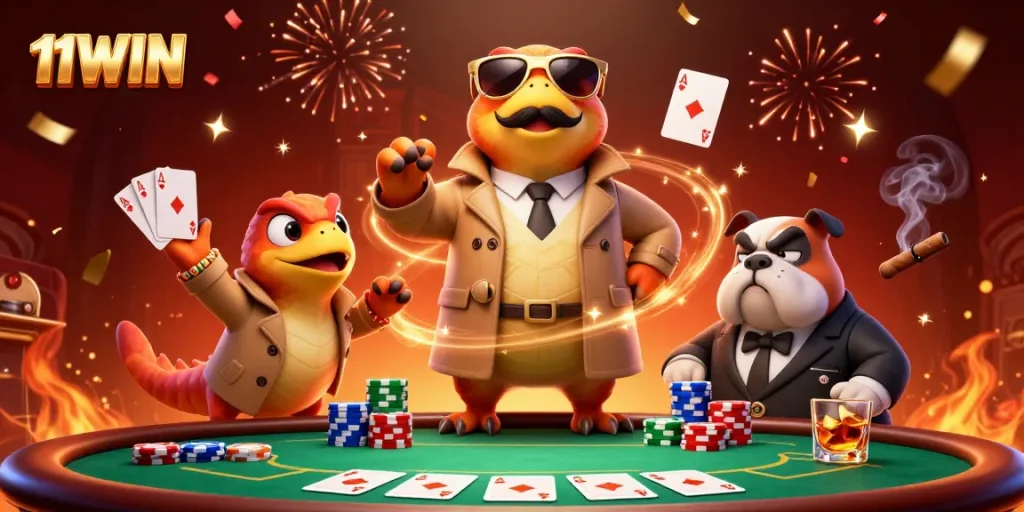 11WIN cartoon raptors cleverly disguised to enter a luxury casino lounge scene.