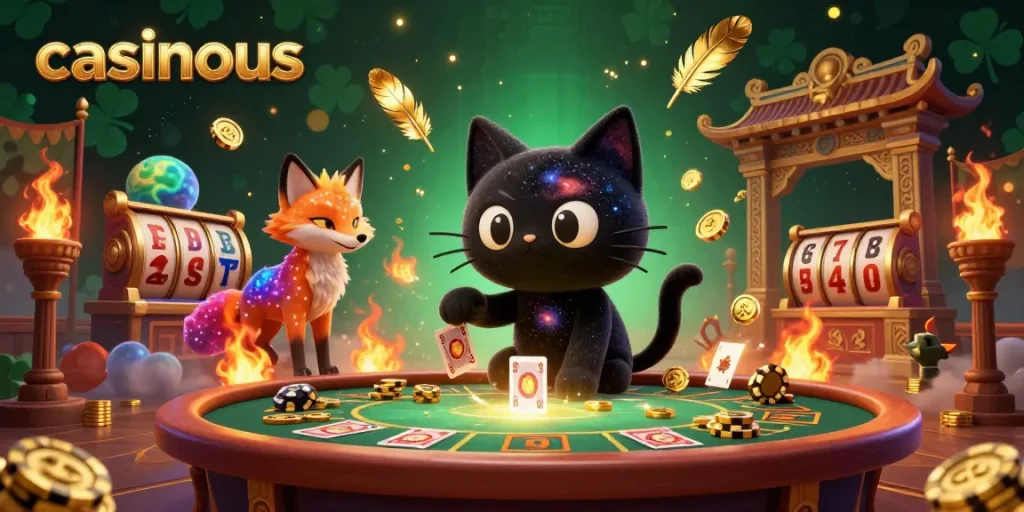 Experience the magic of casinous with a cosmic casino scene featuring a black hole cat and a nebula fox.