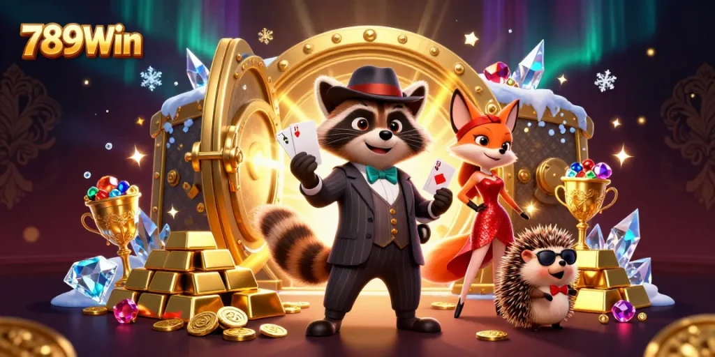 Experience thrilling gameplay at 789Win with a raccoon, fox, and hedgehog in a dazzling casino scene.