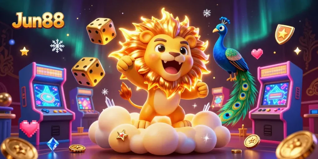 Engage in thrilling gameplay with Jun88, featuring a dazzling sun lion and vibrant casino elements