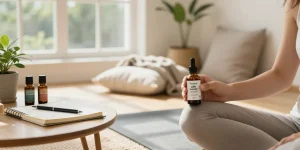 Person enjoying organic CBD isolate oil in a serene wellness space, emphasizing organic cbd isolate canada.