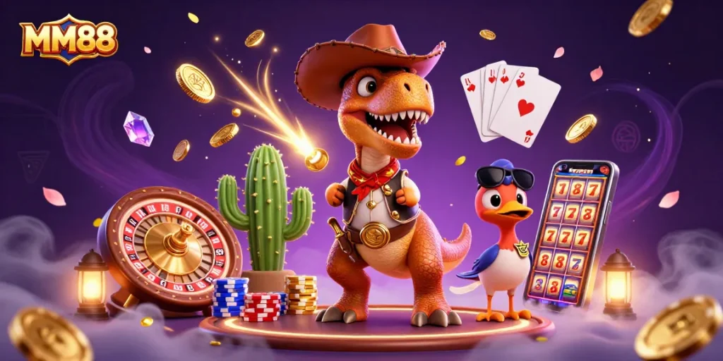 Experience the thrilling MM88 casino adventure with vibrant characters and exciting game elements.