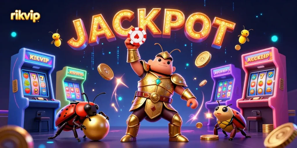 Experience the excitement at rikvip with a victorious beetle lifting a poker chip amidst a vibrant casino scene.