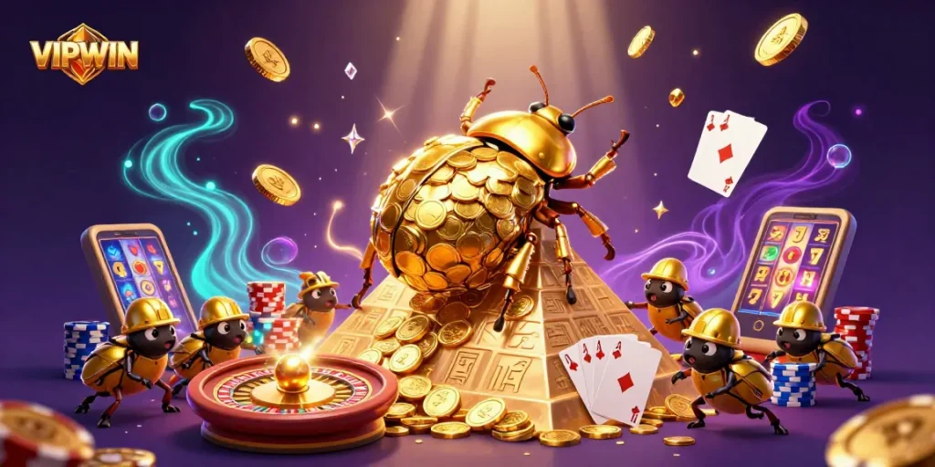 Win big at VIPWIN with dynamic online casino action featuring golden coins and 3D characters.