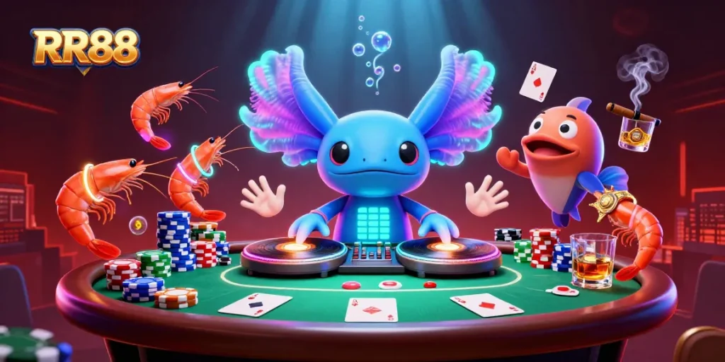 Engage in thrilling gameplay at RR88 with vibrant characters amid a high-stakes poker atmosphere.