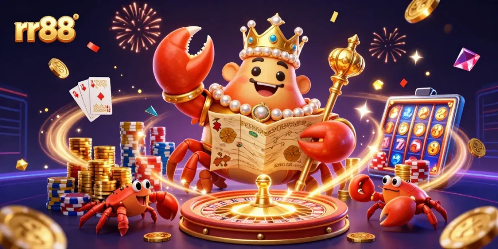 Experience thrilling gaming action at rr88 with a golden crab emperor leading the way through a vibrant casino scene.