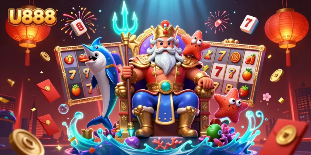 Experience the thrill of U888 with a vibrant underwater casino scene featuring Neptune and gaming elements.