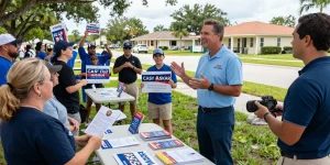 Casey Askar engaging with voters at a community event in Florida, showcasing political campaign interaction.