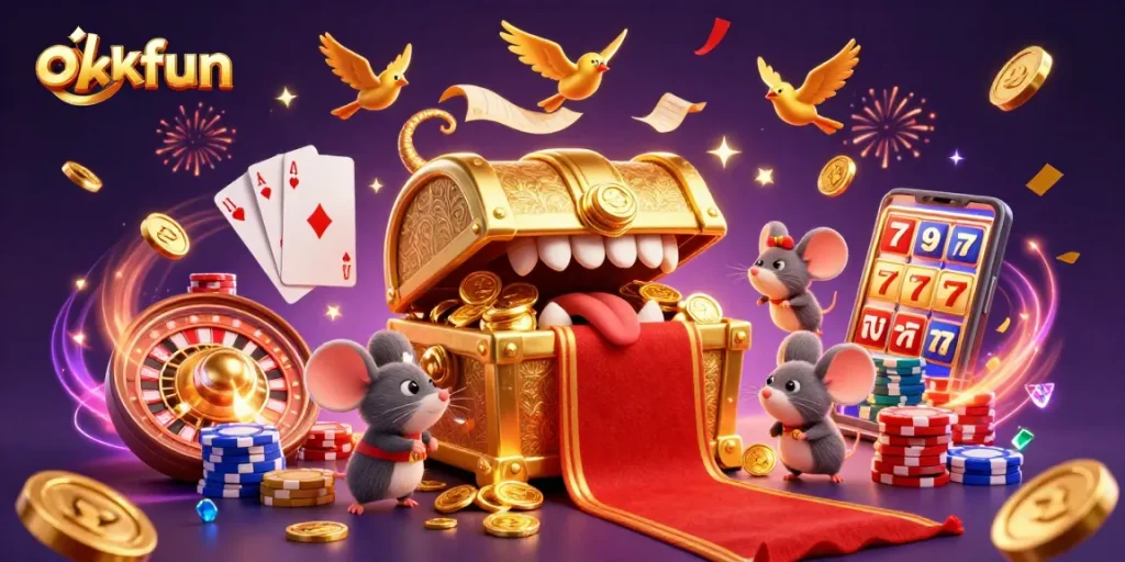 Experience the thrill of okfun with a vibrant 3D casino scene showcasing treasures, cards, and spinning wheels.